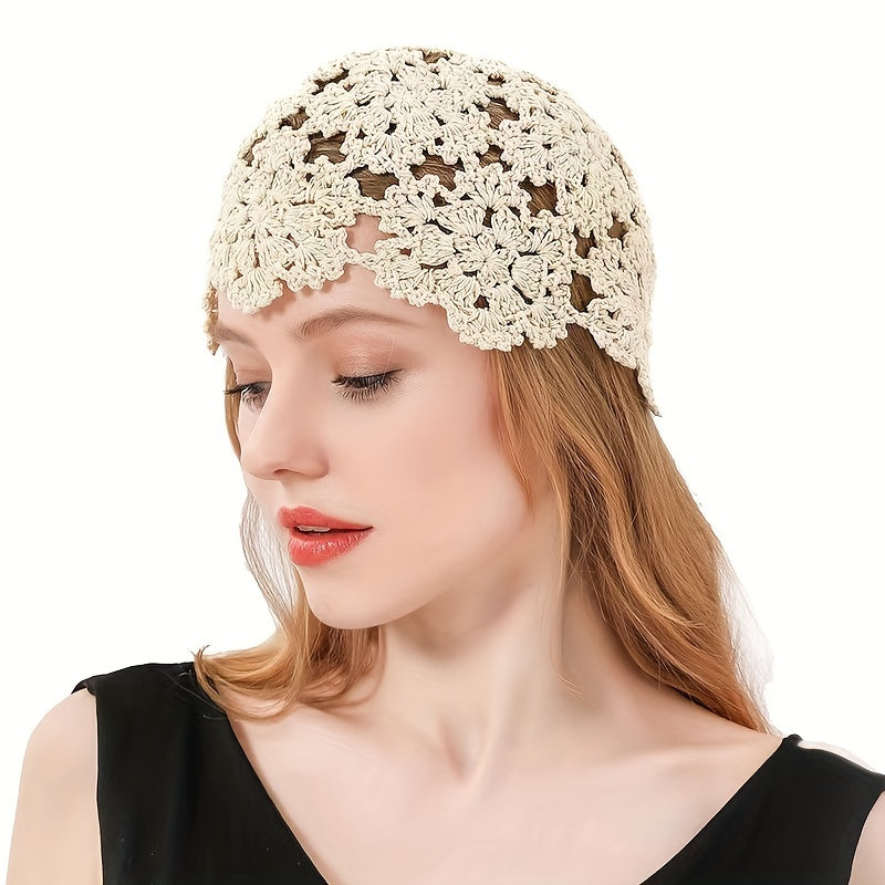 Crochet Beanie Flower Hollow Out Knitted Cloche Skull Cap