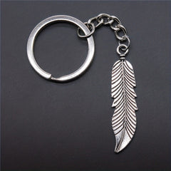 Vintage Silver Feather Pendant Keychain Metal Keyring