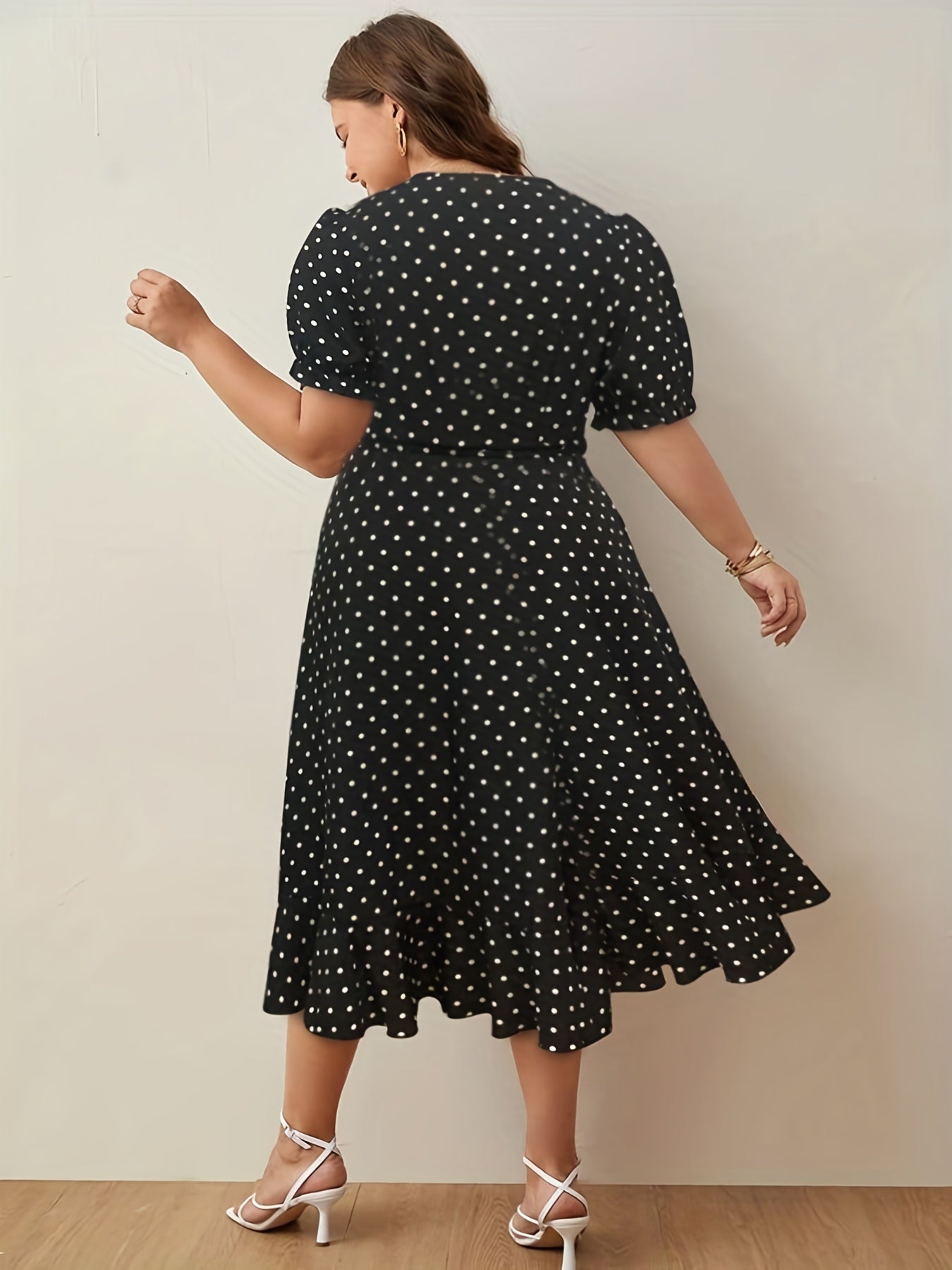  Polka Dot Print Puff Sleeve Wrap Dress
