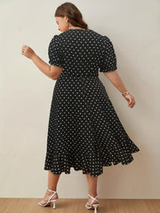  Polka Dot Print Puff Sleeve Wrap Dress