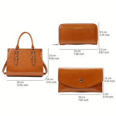3PCS PU Leather Handbag Set Crossbody Bag & Clutch Purse With Zipper