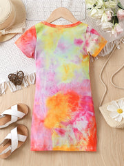 Girls Tie Dye Stretch Dress Short Sleeve Kids Summer Clothes