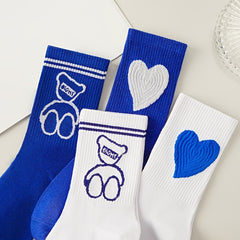 5 Pairs Love Bear Crew Socks Checkerboard Print Comfy Mid-tube Stockings