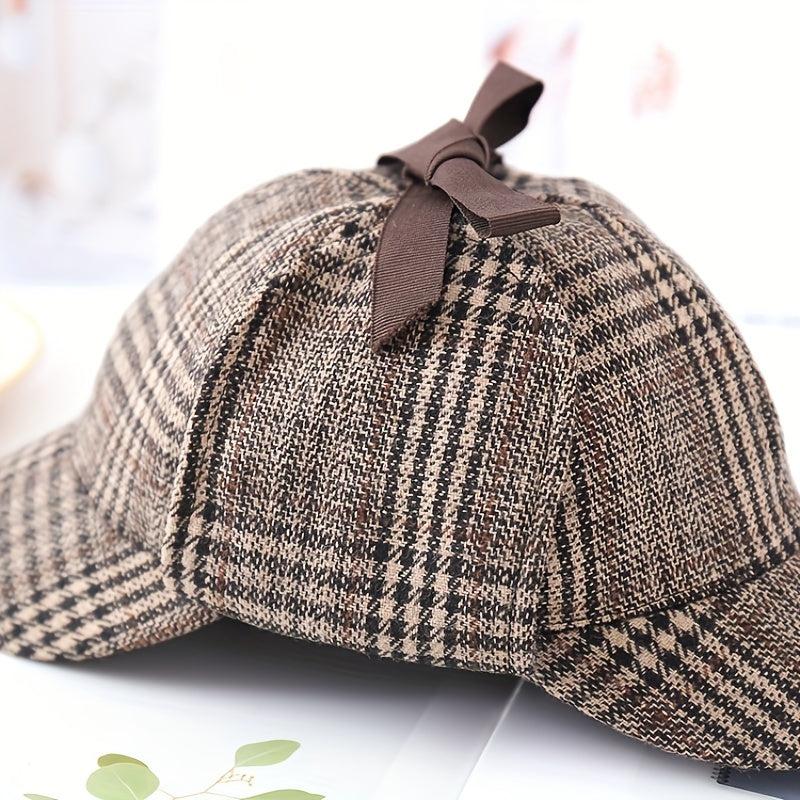 Khaki Plaid Vintage Baseball Cap Double Brim Ear Warmer Sun Hat