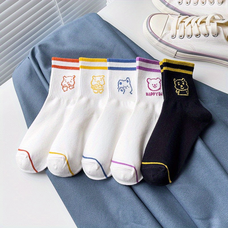 5 Pairs Cartoon Bear Print Socks & Striped Crew Socks Women's Stockings