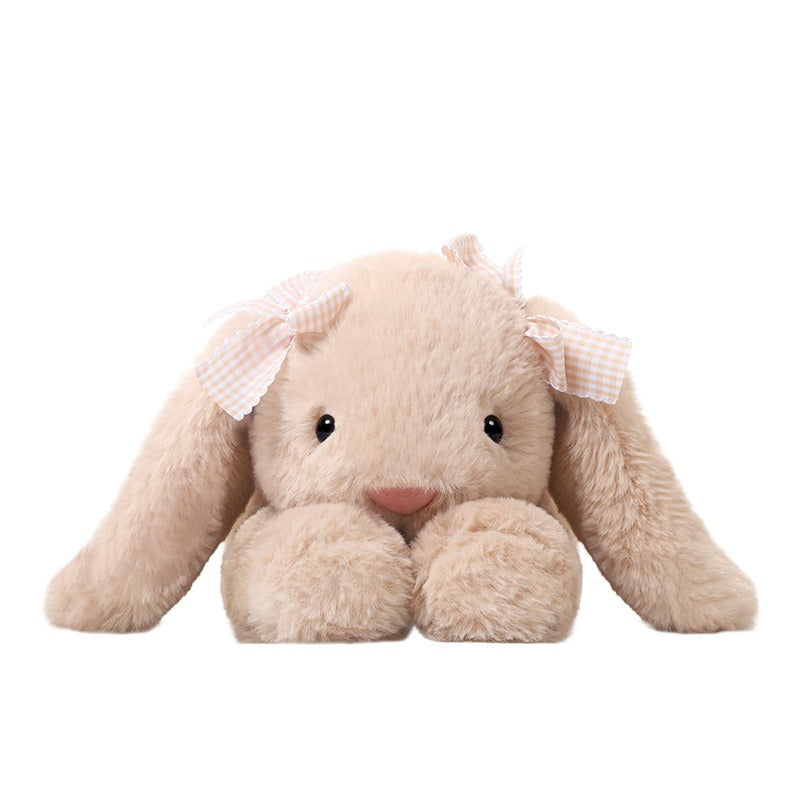 Soft Beige Rabbit Plush w/ Expressive Eyes & Fluffy Ears Pink Bow Tie Stuffed An