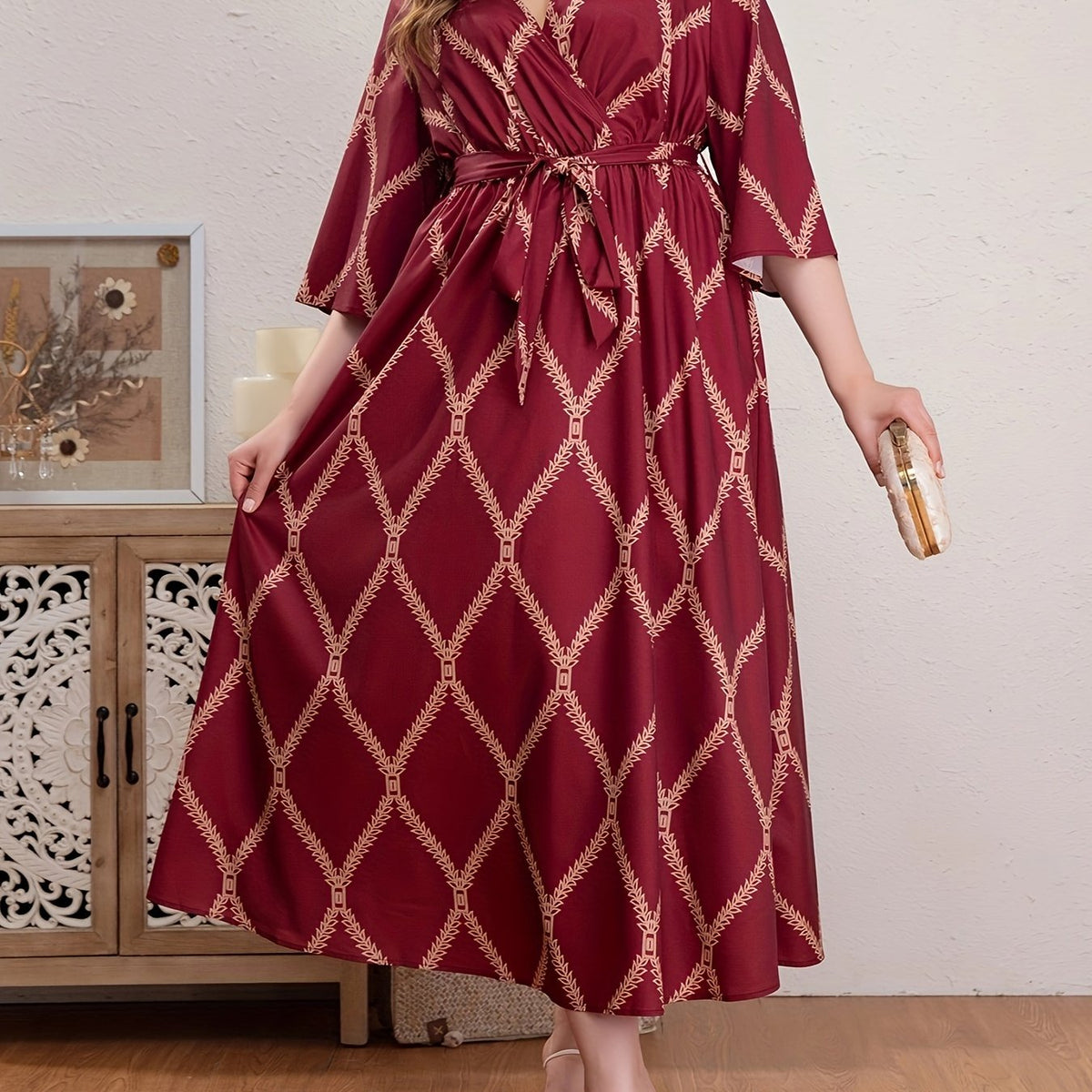  Boho Abaya Dress Women's Plus Argyle Print Three Quarter Sleeve
