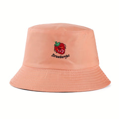 Strawberry Embroidery Bucket Hat Reversible Solid Basin Hat Sunscreen Travel