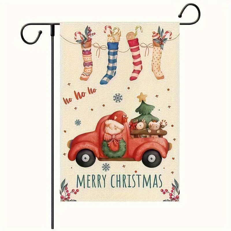 Christmas Burlap Yard Flag Xmas Stocking Candy Canes Red Truck Tree