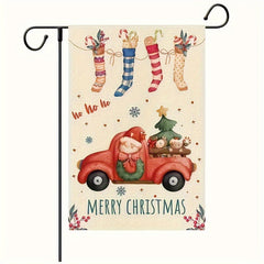 Christmas Burlap Yard Flag Xmas Stocking Candy Canes Red Truck Tree