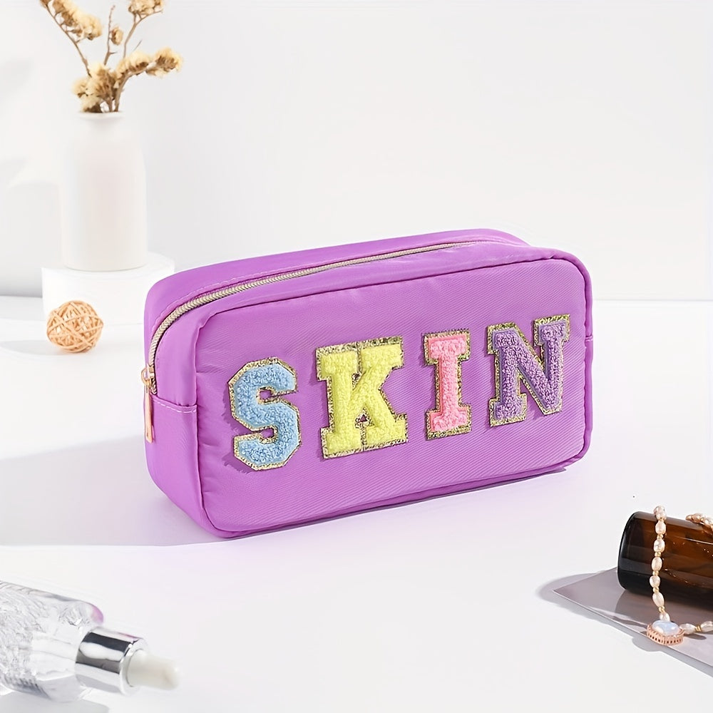 Plush Letter Print Zipper Makeup Pouch Portable Cosmetic Bag