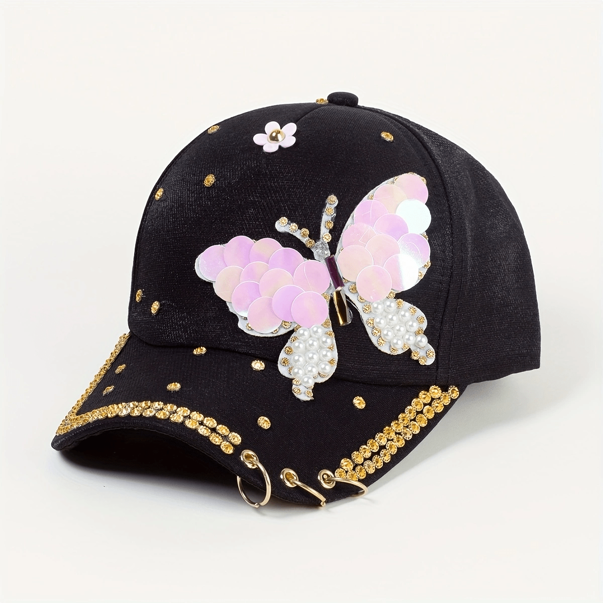 Pink Butterfly Y2K Baseball Cap Pearl Rhinestone Adjustable Sun Hat
