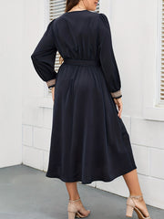 Applique Lantern Sleeve V Neck Belted Maxi Dress Plus Size