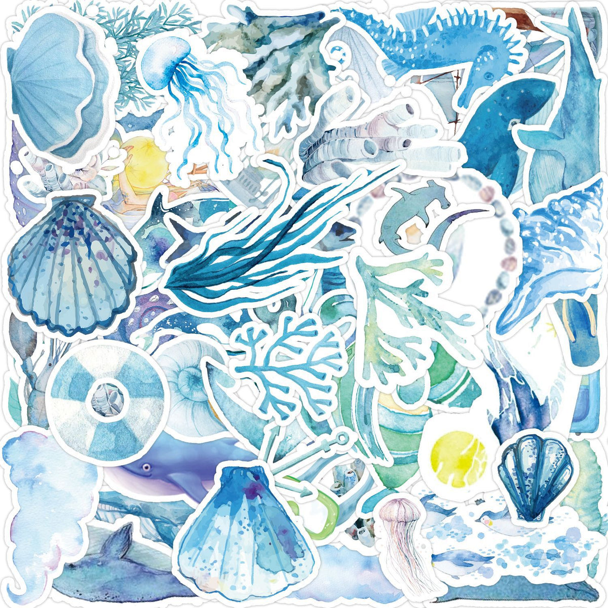 50pcs Watercolor Marine Series Doodle Stickers Waterproof DIY Creative Toys