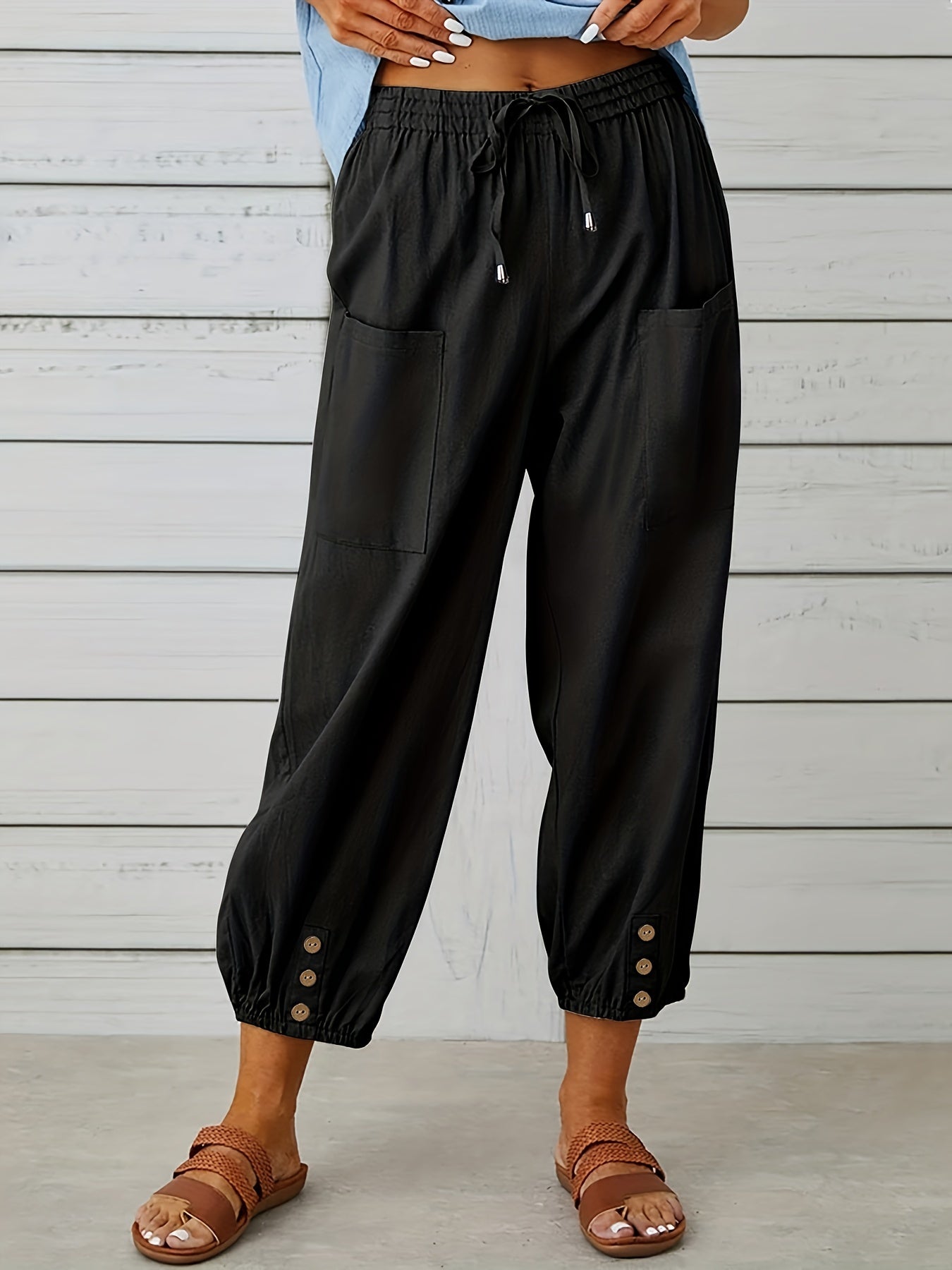 Solid Drawstring Cropped Pants Casual Elastic Waist Pants