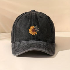 Butterfly Sunflower Print Baseball Cap Denim Washed Dad Hat