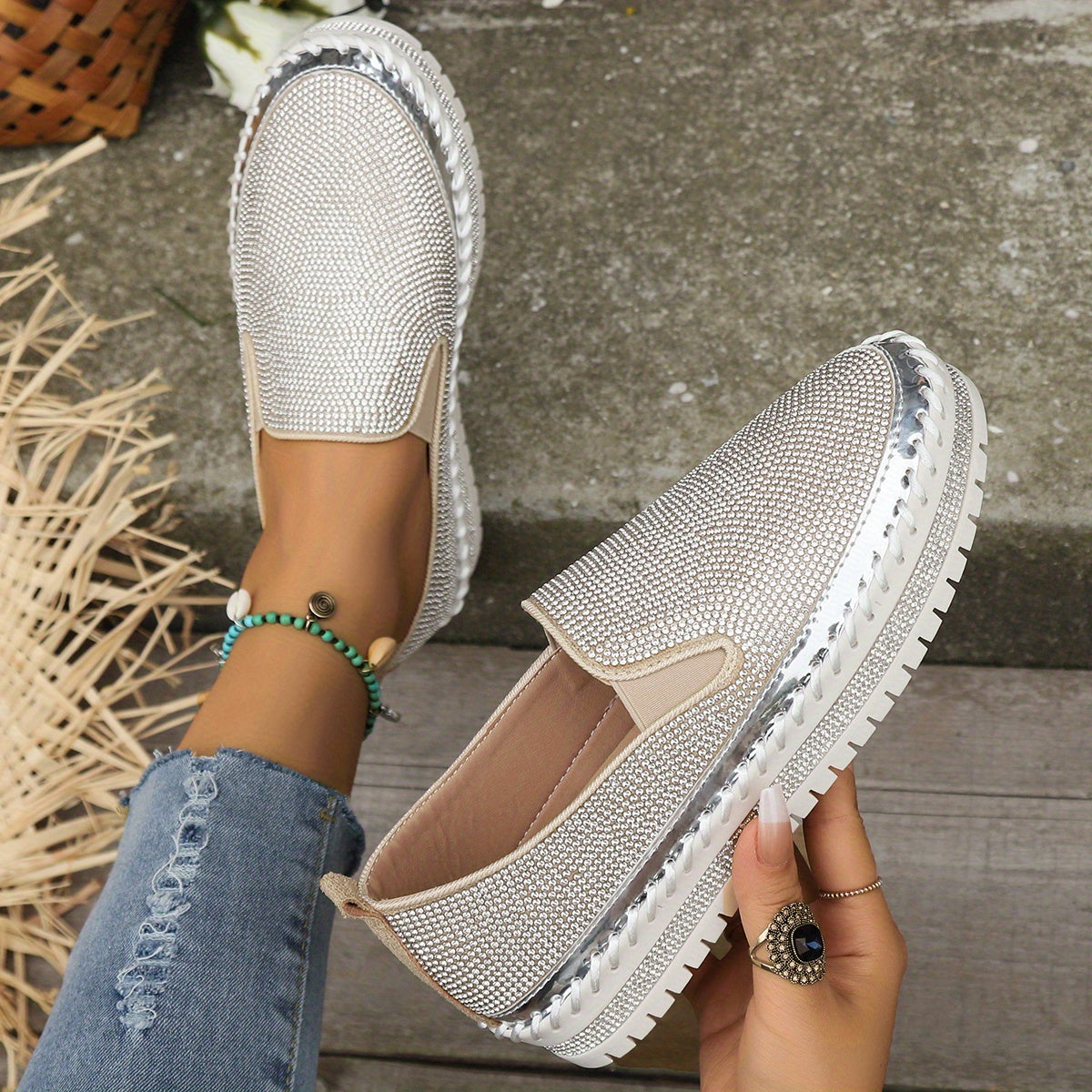 Women's Rhinestone Platform Loafers Slip On Shoes