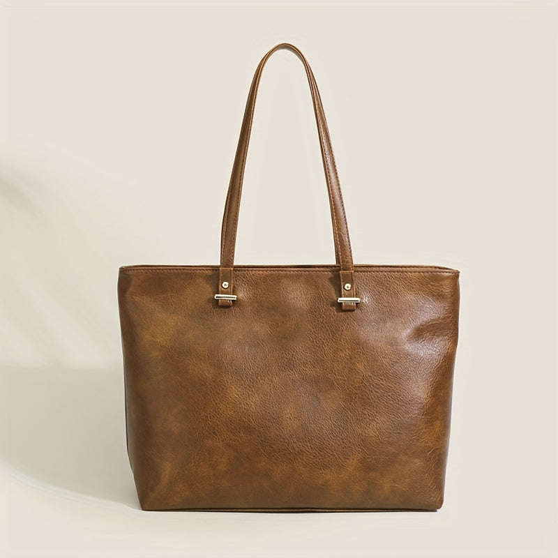 Vintage PU Leather Tote Bag Solid Handbag Large Capacity Shoulder Bag For Women