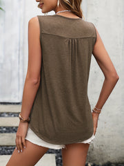 Lace Pleated Crew Neck Tank Top Sleeveless Casual Summer Top