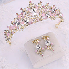 Baroque Crystal Tiara & Crown with Pink Rhinestone Earrings