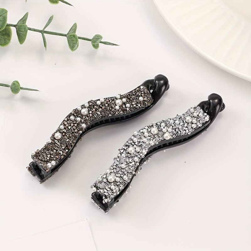 2pcs Rhinestone Faux Pearls Banana Hair Clips