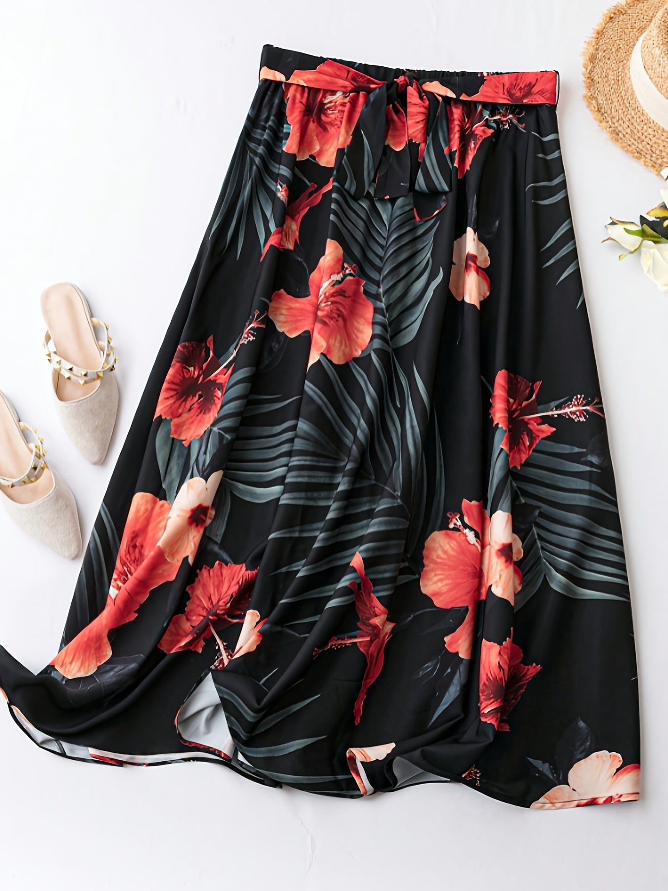  Tropical Print Elastic Waist Skirt With Belt