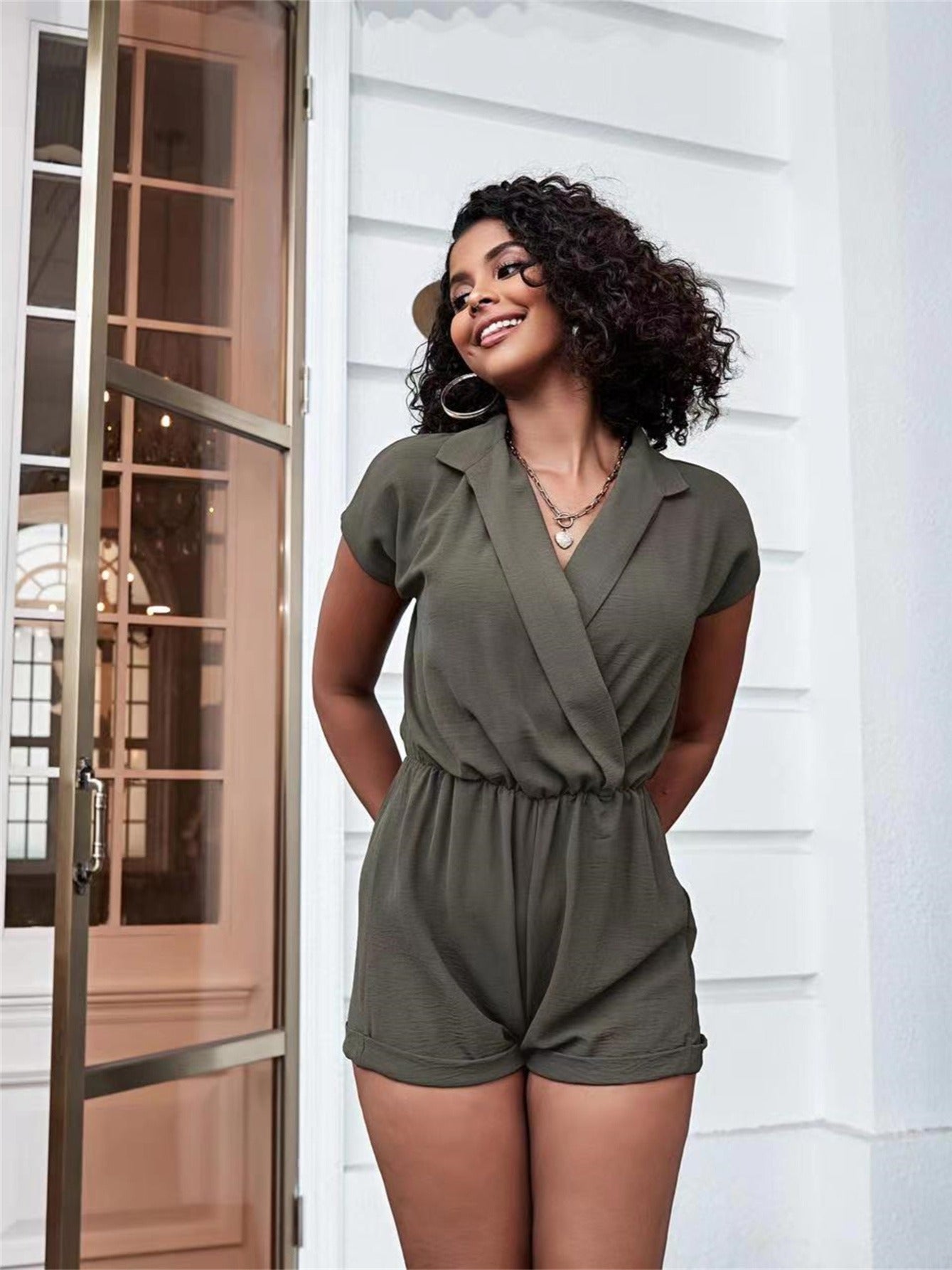 Women's Surplice Front Batwing Sleeve Solid Jumpsuit