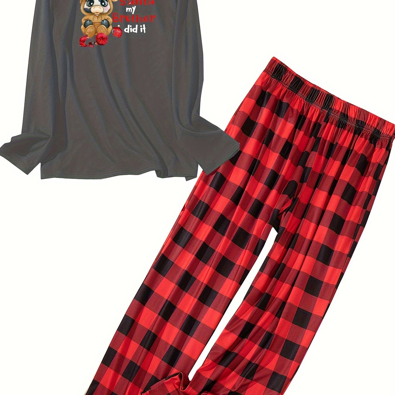 Women's Plus Christmas Cow & Letter Print Tee & Plaid Pants Pajamas Set