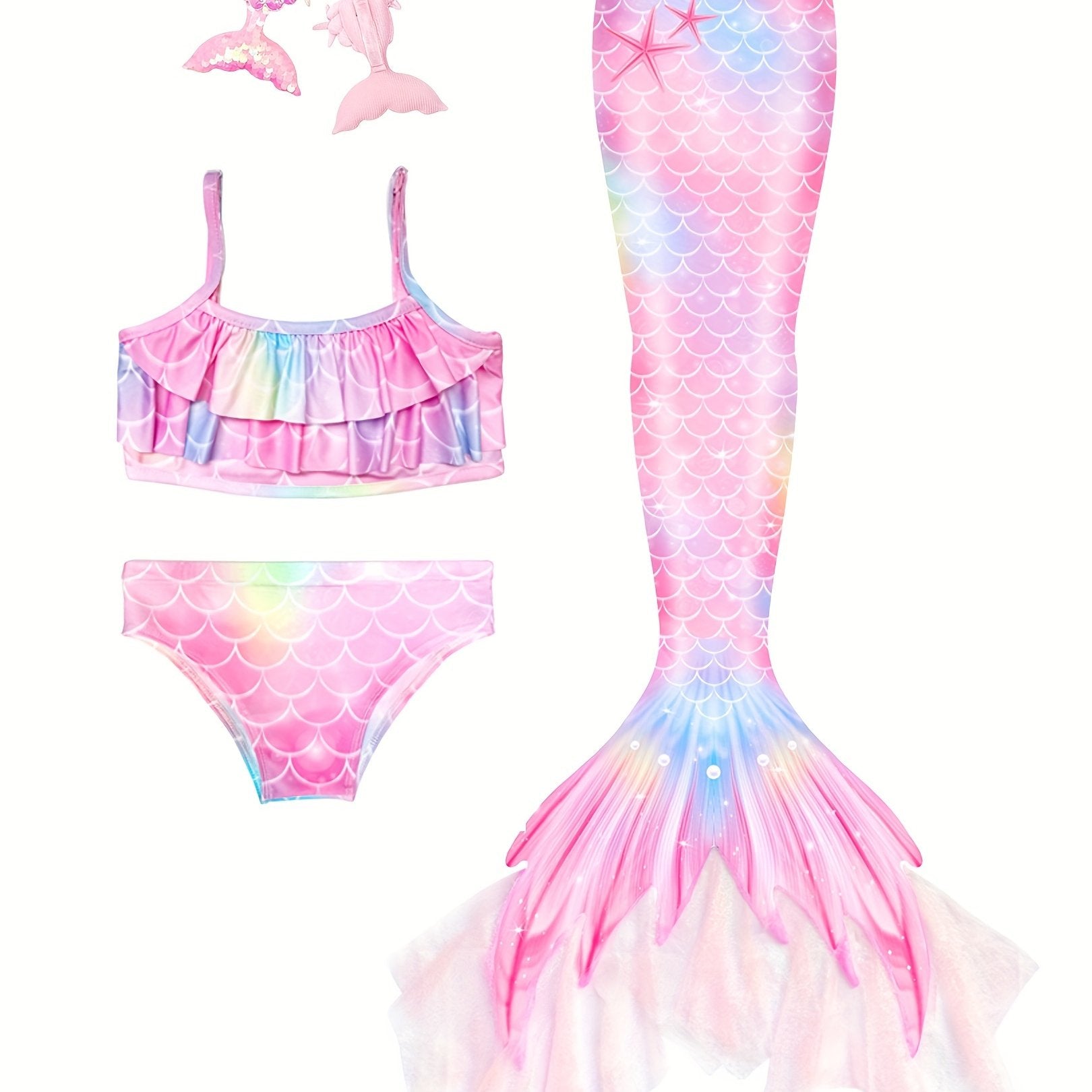 Girls Tie Dye Mermaid Bikini Set Ruffle Trim Cami Top & Shorts & Mermaid Tail