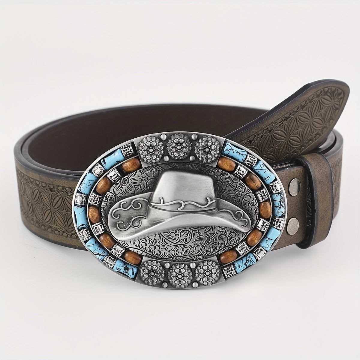 Western Cowboy Vintage Belt Embossed Leather Belt Bohemian Style Hat Buckle