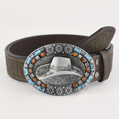 Western Cowboy Vintage Belt Embossed Leather Belt Bohemian Style Hat Buckle