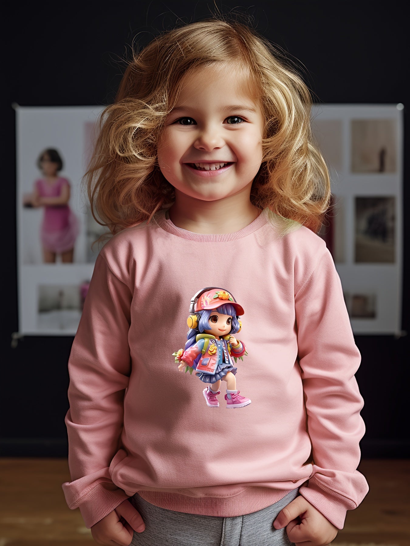 Girls Girl Pattern Crew Neck Sweatshirt