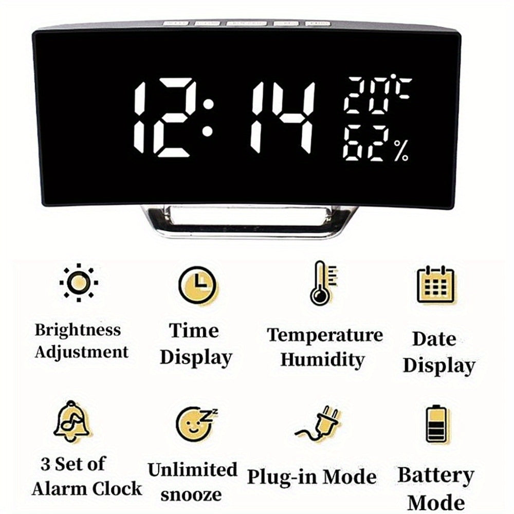 Curved Screen Digital Alarm Clock Temperature Humidity 3 Alarms Unlimited Snooze