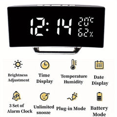 Curved Screen Digital Alarm Clock Temperature Humidity 3 Alarms Unlimited Snooze