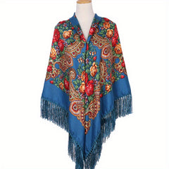Vintage Flower Print Oversized Shawl with Tassel Wrap
