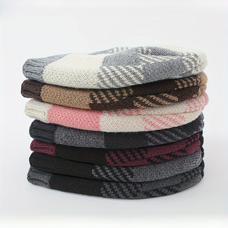 Winter Fleece Lining Plaid Knitted Beanie Hat for Men & Women