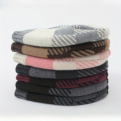Winter Fleece Lining Plaid Knitted Beanie Hat for Men & Women
