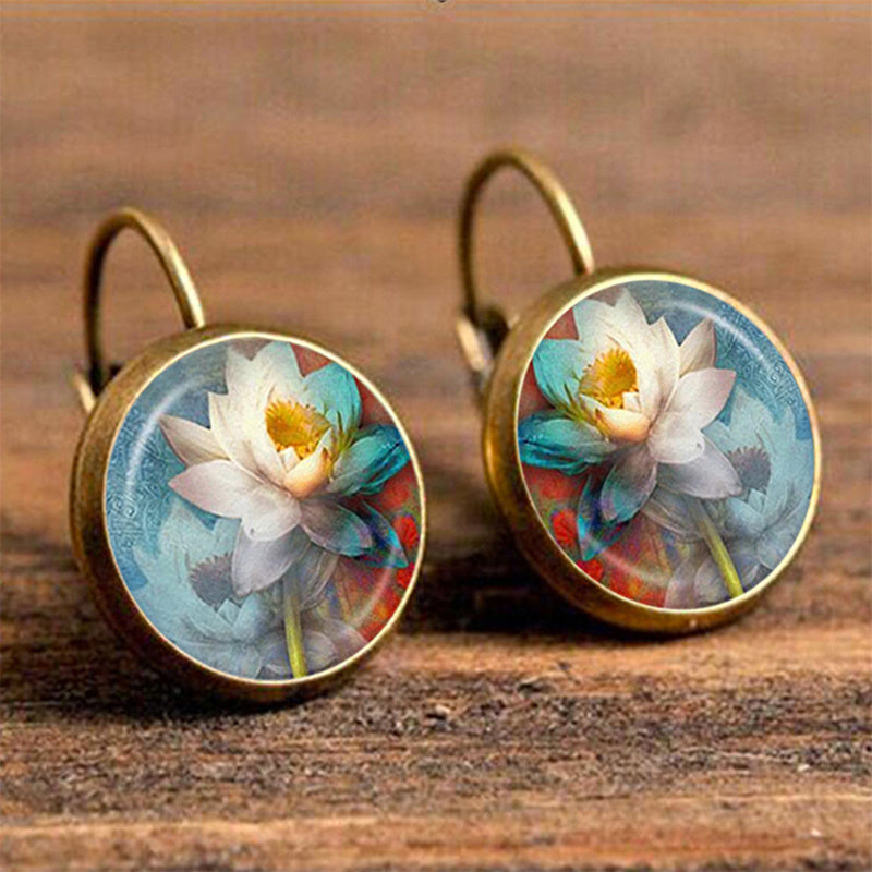 Ethnic Style Time Gemstone Earrings Lotus Violet Pattern Vintage Style Earrings