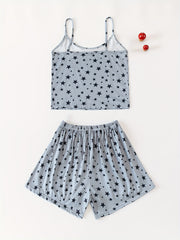 Star Print Pajama Set Crew Neck Cami Top & Elastic Waistband Shorts