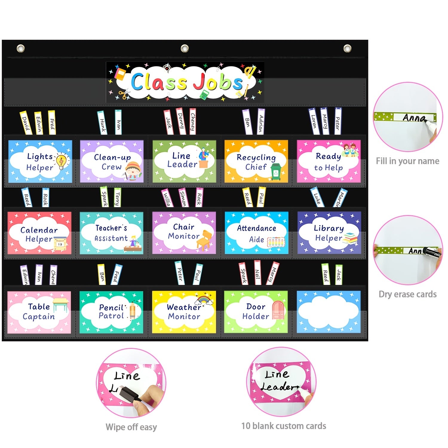 Class Jobs Pocket Chart 70 Pcs Cards 3 Hooks 2 Markers