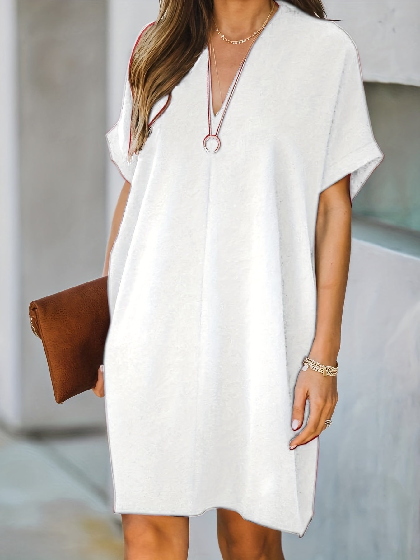 Solid V Neck Dress Short Sleeve Comfy Summer Mini Dress Women's Clothing