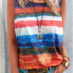  Stripe Print Round Neck Tank Top