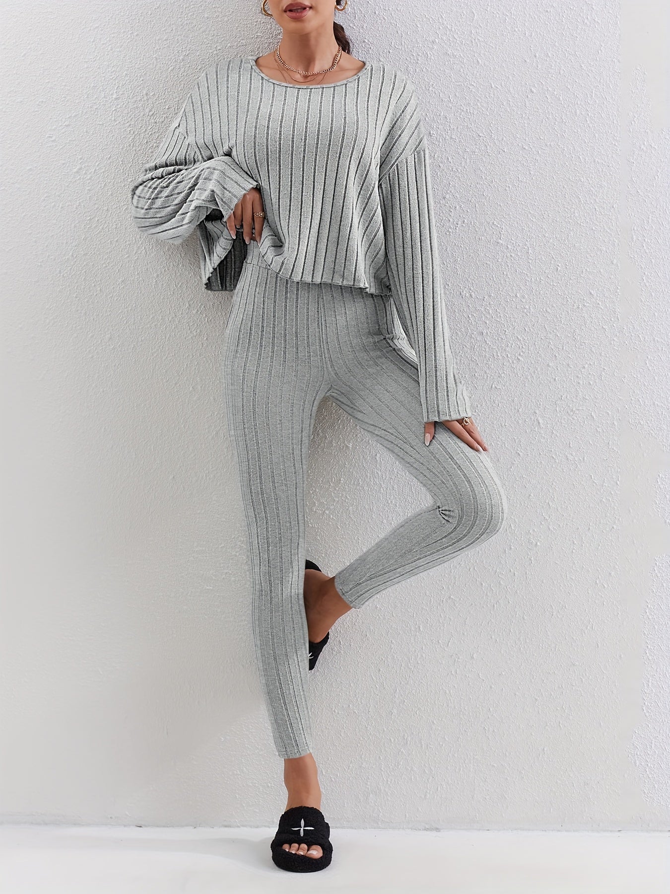 Ribbed Knit Two piece Set Casual Long Sleeve T shirt & Skinny Pants Outfits