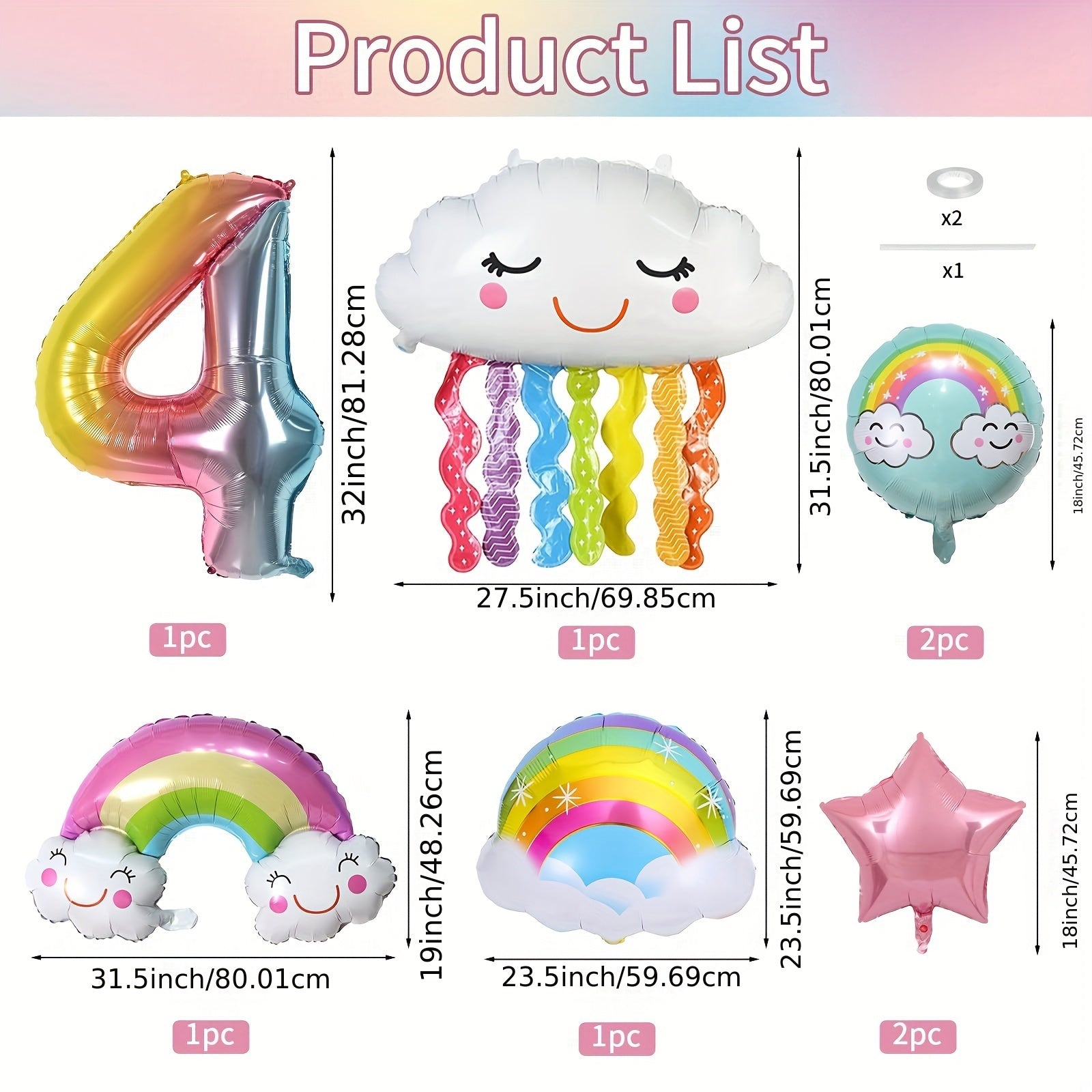 8pcs Rainbow Cloud Foil Balloon Set 4th Birthday Party Decor