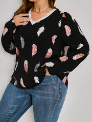  Blouse Women's Feather Print Long Sleeve V Neck Loose Top