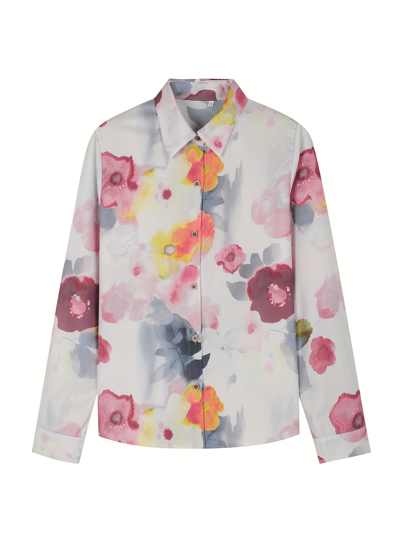  Floral Print Long Sleeve Button Up Collar Shirt
