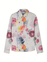  Floral Print Long Sleeve Button Up Collar Shirt