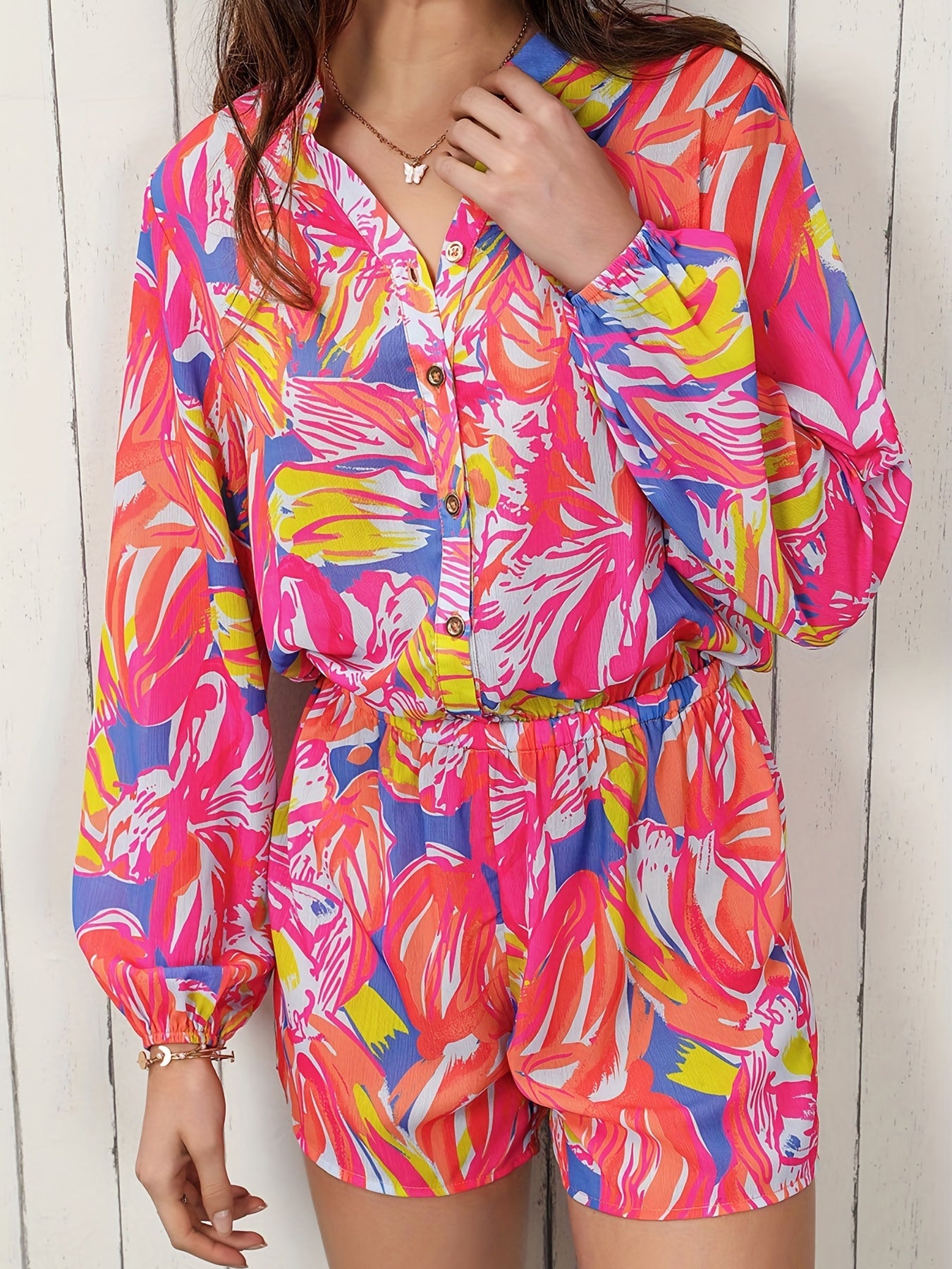 Abstract Print Button Front Romper Casual V Neck Long Sleeve