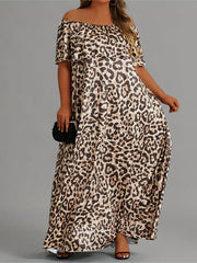 Leopard Print Off Shoulder Maxi Dress Plus Size Medium Stretch Long Dress