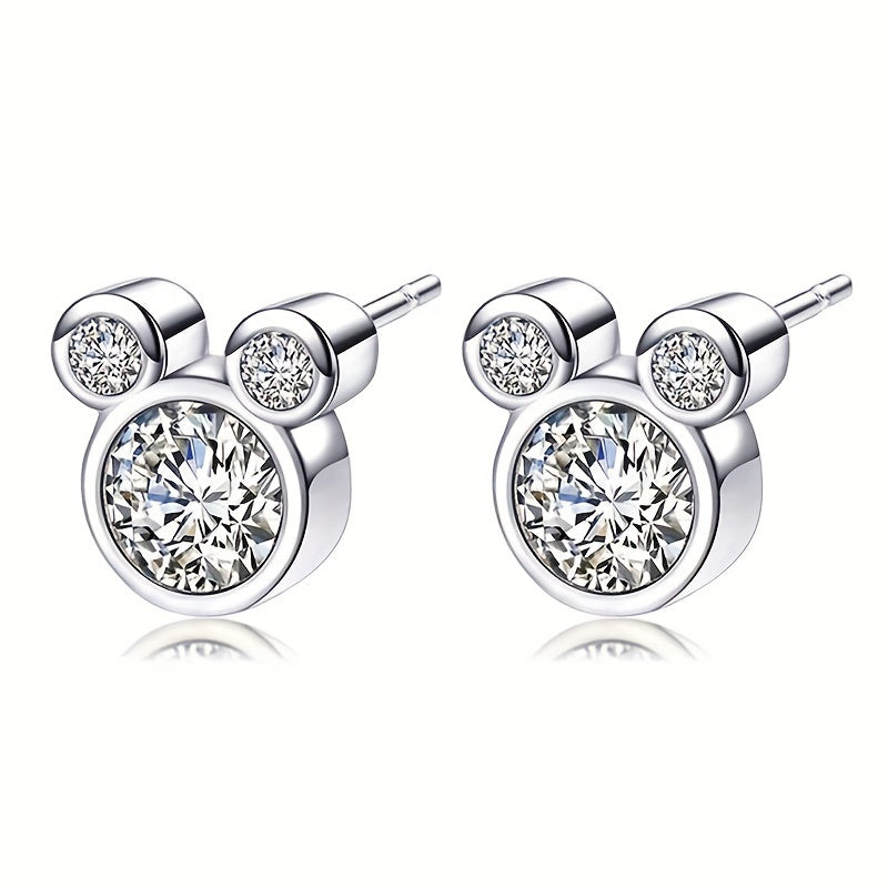 925 Silver Mouse Zircon Stud Earrings for Women Girls